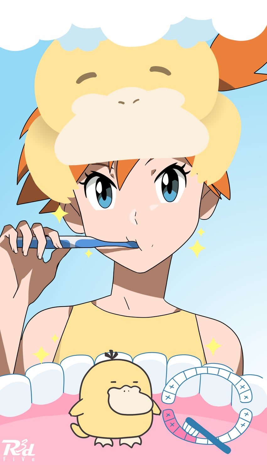 misty and psyduck (pokemon and 1 more) drawn by r3dfive