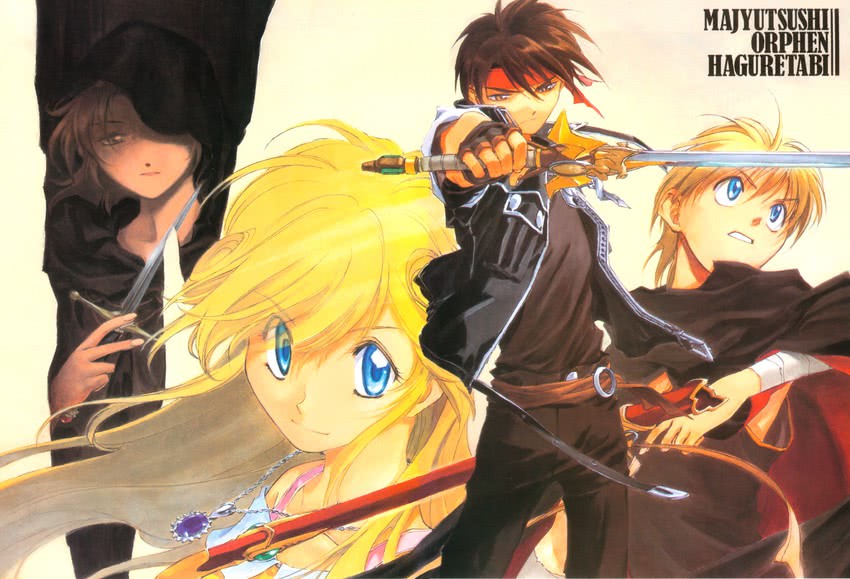 orphen, cleo everlastin, majic lin, and azalie cait sith (majutsushi orphen) drawn by kusaka_yuuya