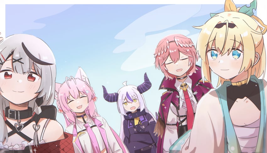sakamata chloe, la+ darknesss, hakui koyori, kazama iroha, and takane lui (hololive) drawn by hateyo