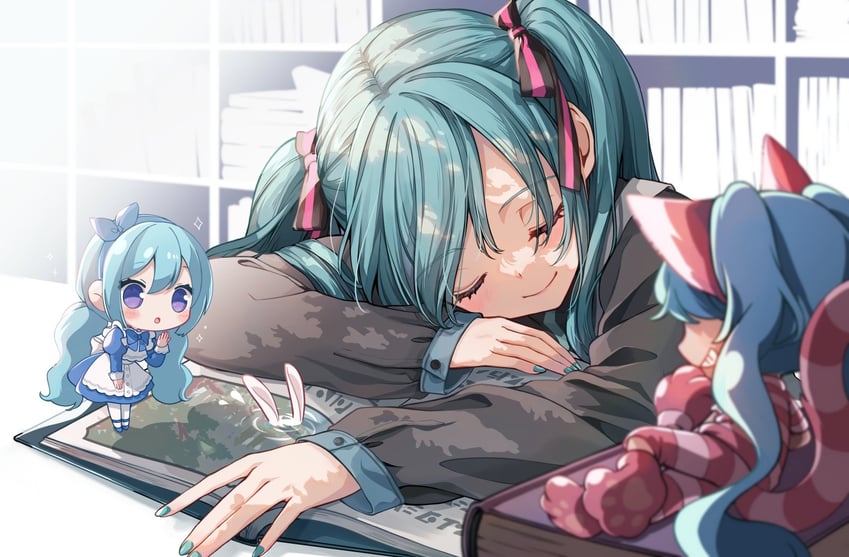 hatsune miku, alice, white rabbit, and cheshire cat (vocaloid and 1 more) drawn by nagitofuu