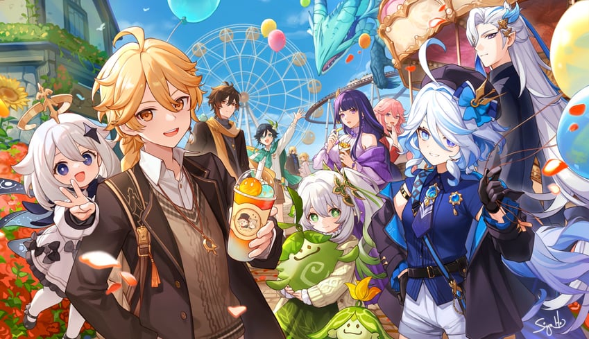 lumine, raiden shogun, aether, furina, yae miko, and 8 more (genshin impact) drawn by siya_ho