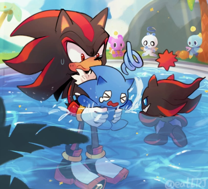 shadow the hedgehog, neutral chao, dark chao, shadow chao, hero chao, and 2 more (sonic and 1 more) drawn by eatlrj