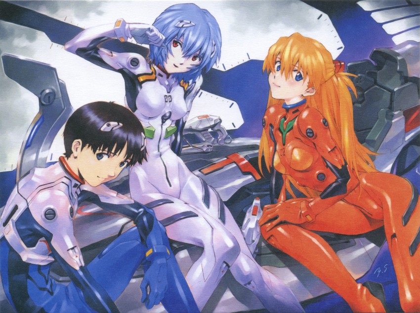 souryuu asuka langley, ayanami rei, and ikari shinji (neon genesis evangelion) drawn by sadamoto_yoshiyuki
