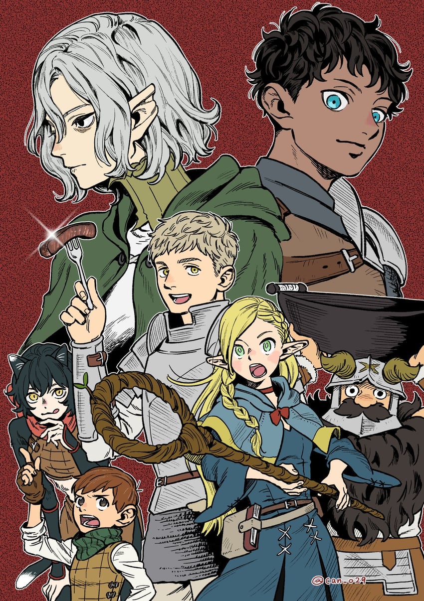 marcille donato, laios touden, senshi, mithrun, kabru, and 2 more (dungeon meshi) drawn by can_o29