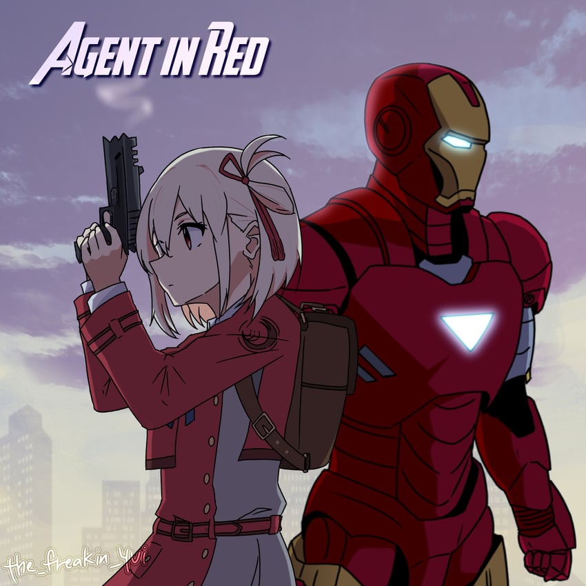 nishikigi chisato and iron man (marvel and 2 more) drawn by the_freakin_yui
