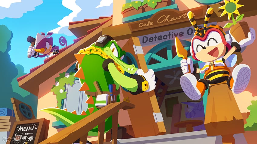 espio the chameleon, vector the crocodile, big the cat, and charmy bee (sonic) drawn by karasuno_yui