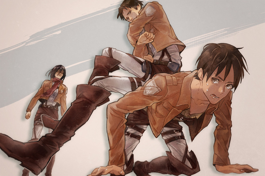 mikasa ackerman, eren yeager, and levi (shingeki no kyojin) drawn by zan_nenko