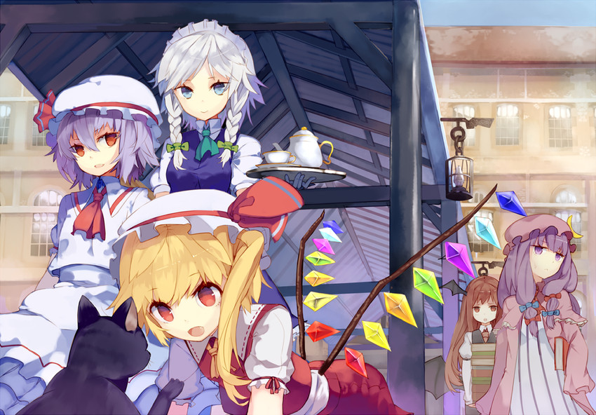 remilia scarlet, flandre scarlet, izayoi sakuya, patchouli knowledge, and koakuma (touhou) drawn by nekomegane