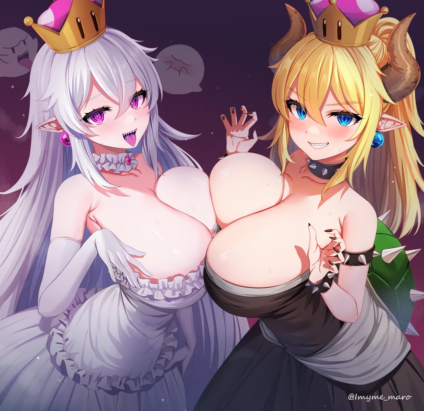 bowsette, princess king boo, and boo (mario and 2 more) drawn by marota