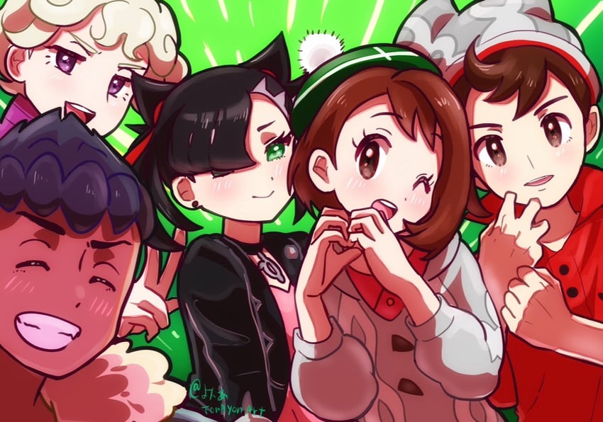 marnie, gloria, hop, victor, and bede (pokemon and 1 more) drawn by sheyona