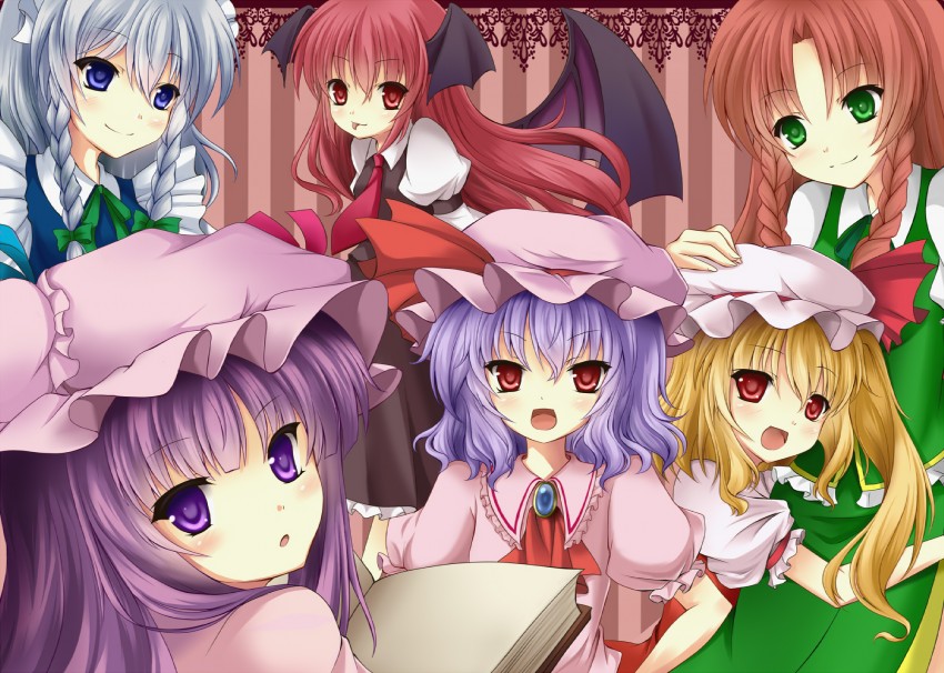 remilia scarlet, flandre scarlet, izayoi sakuya, patchouli knowledge, hong meiling, and 1 more (touhou) drawn by rokutelie