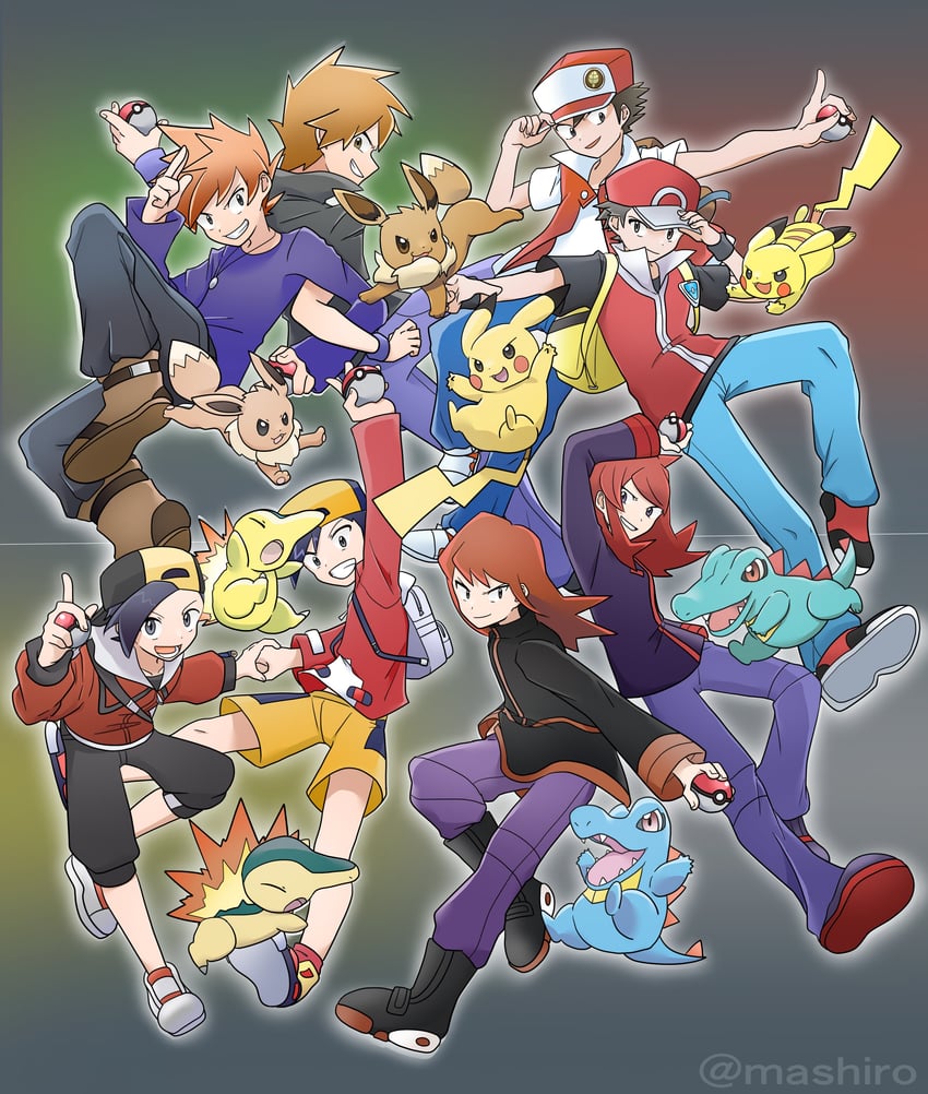pikachu, red, eevee, ethan, blue oak, and 3 more (pokemon and 4 more) drawn by mashiro_eaka