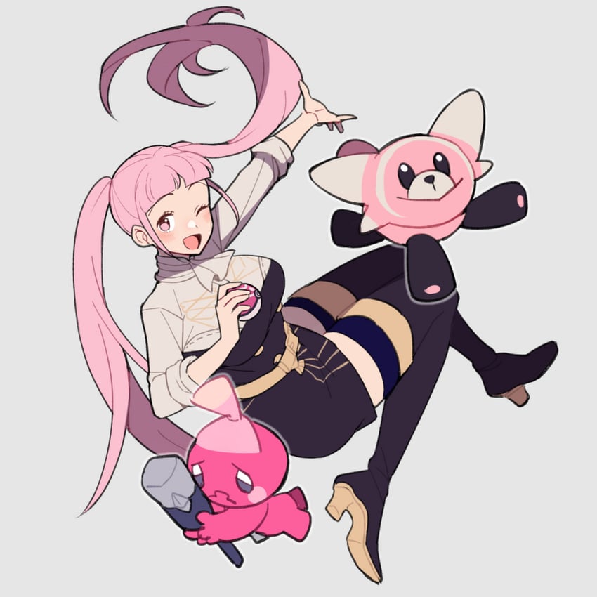 hilda valentine goneril, stufful, and tinkatink (pokemon and 2 more) drawn by do_m_kaeru