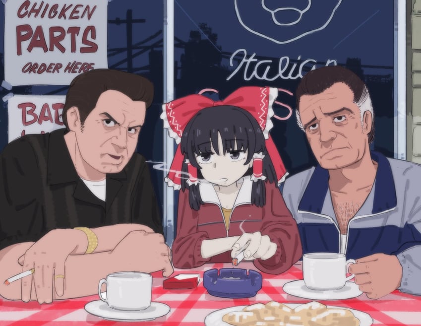 hakurei reimu, paulie gualtieri, and silvio dante (touhou and 1 more) drawn by fubarmoe