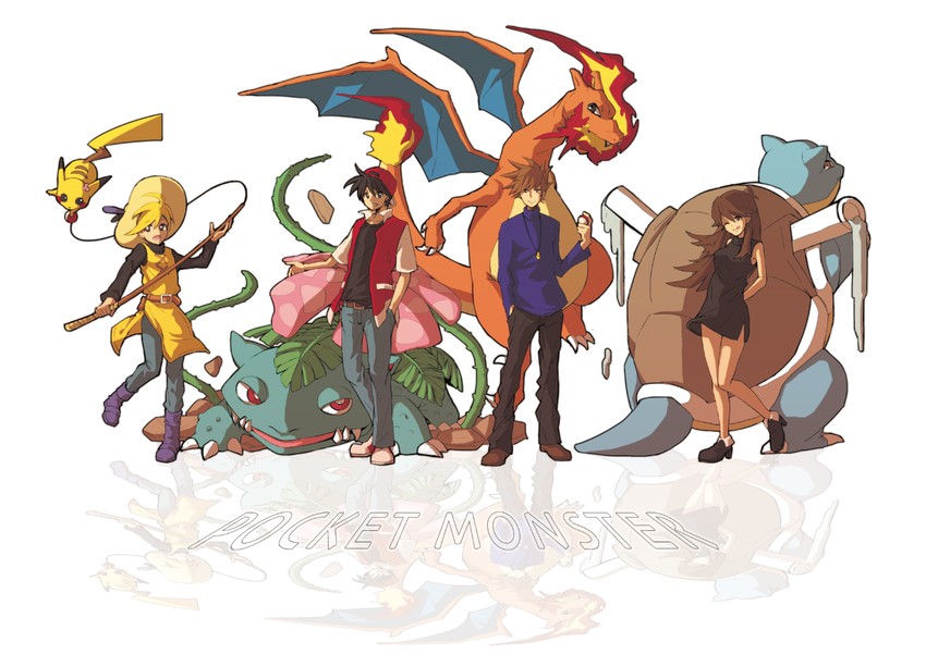 pikachu, red, blue oak, charizard, green, and 3 more (pokemon and 1 more) drawn by hiranoo