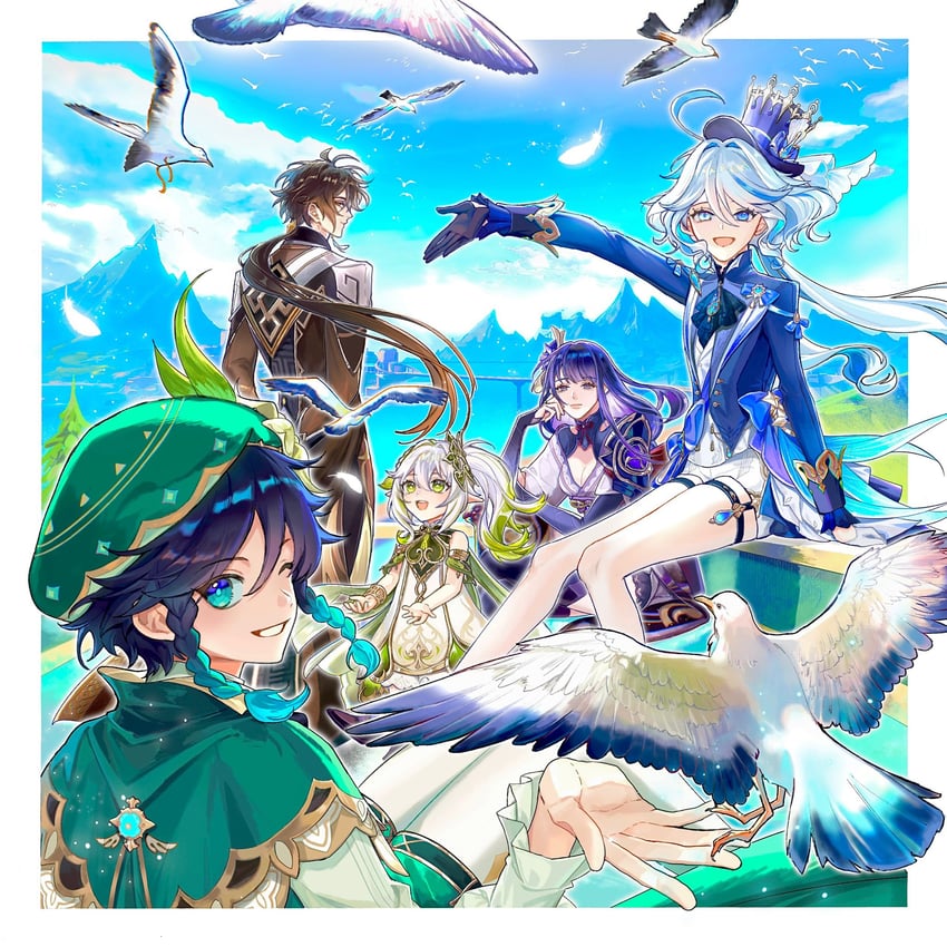 raiden shogun, furina, nahida, zhongli, and venti (genshin impact) drawn by mamurica