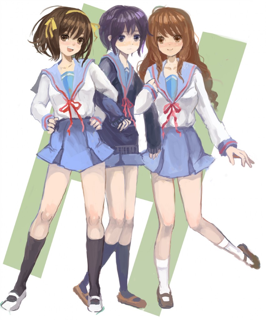 suzumiya haruhi, nagato yuki, and asahina mikuru (suzumiya haruhi no yuuutsu) drawn by gomoma_(bluehighlow)