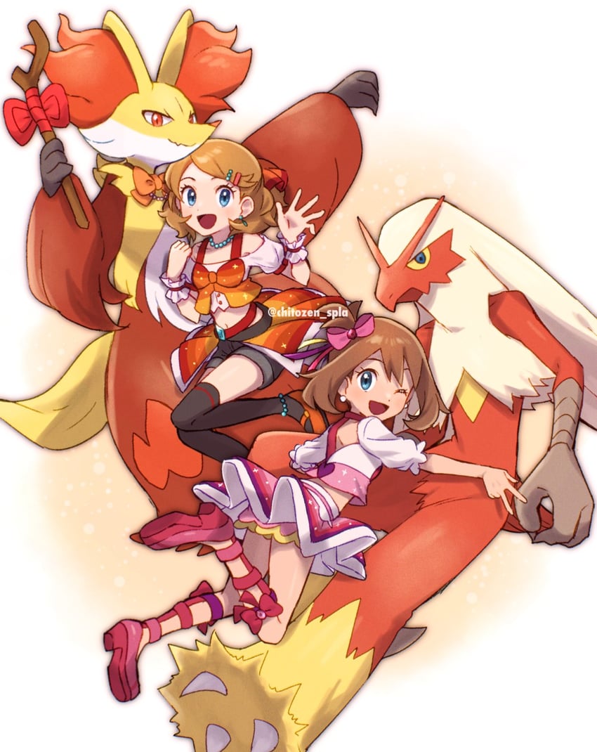 may, serena, blaziken, and delphox (pokemon and 1 more) drawn by chitozen_(pri_zen)