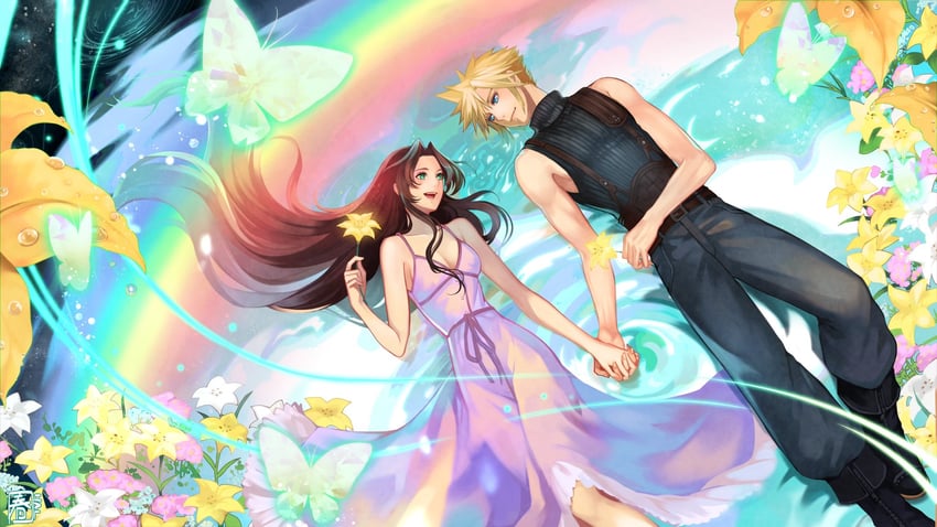cloud strife and aerith gainsborough (final fantasy and 2 more) drawn by halu-ca