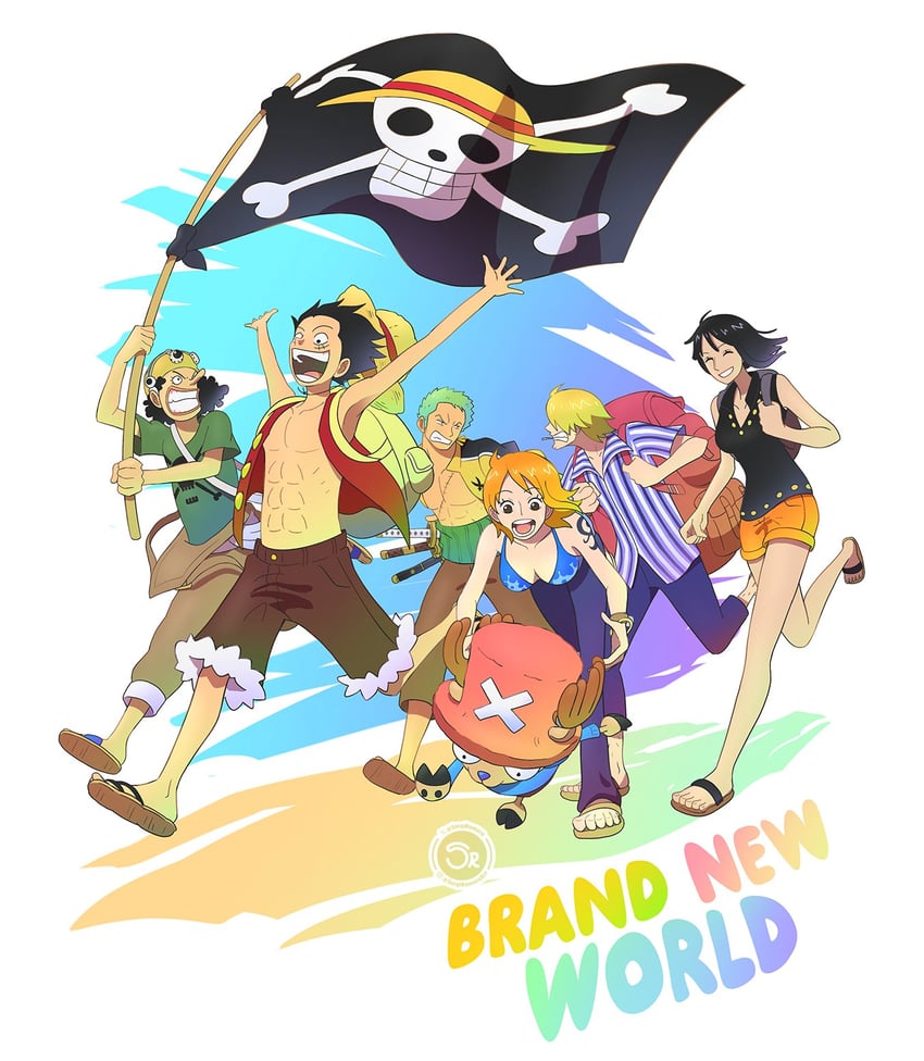 nami, monkey d. luffy, nico robin, roronoa zoro, sanji, and 2 more (one piece) drawn by sergiromero