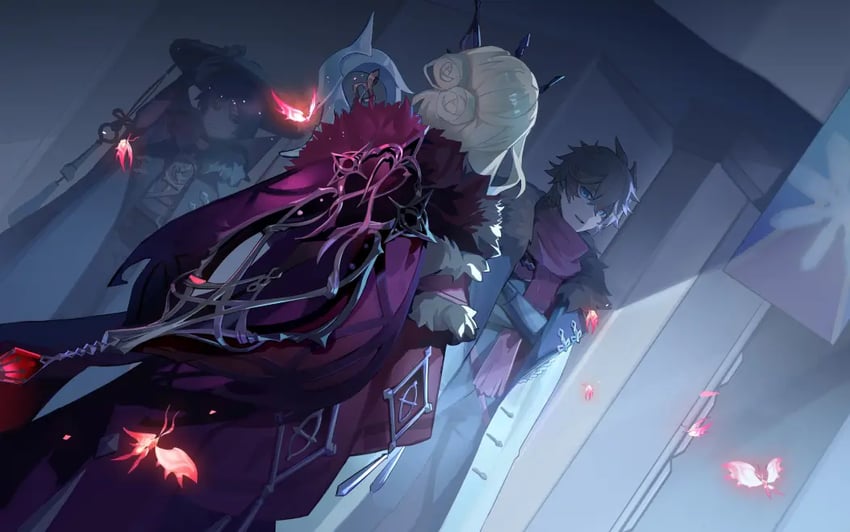 scaramouche, tartaglia, signora, and crimson lotus moth (genshin impact) drawn by hamilundenongdizhe