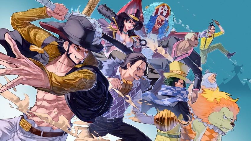 crocodile, buggy the clown, dracule mihawk, alvida, galdino, and 4 more (one piece) drawn by flamechamp10n