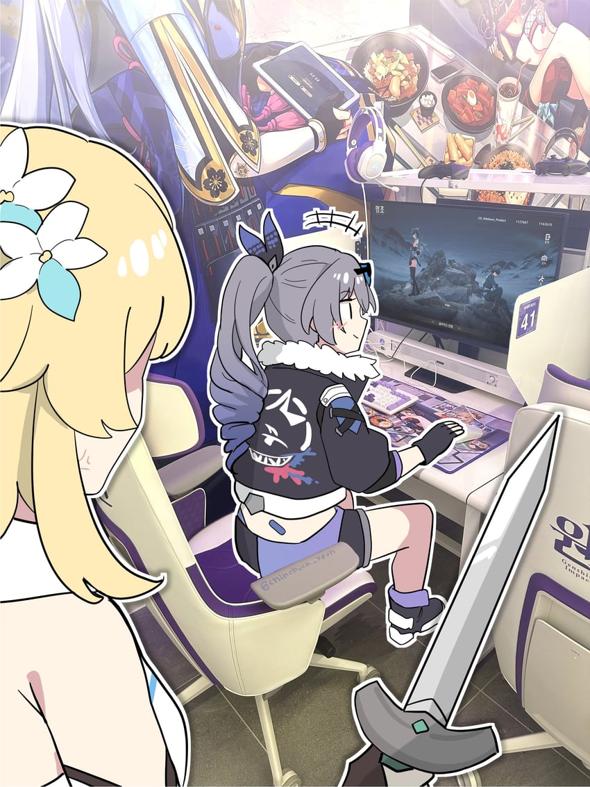 lumine, kamisato ayaka, silver wolf, rover, female rover, and 2 more (genshin impact and 4 more) drawn by ooyun