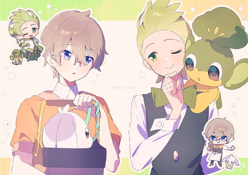 cilan, pansage, toyama satoru, and daifuku (pokemon and 3 more) drawn by serizawa_serizane