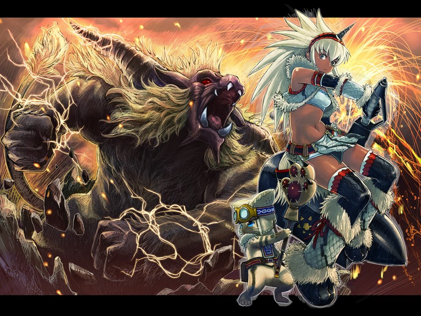 monster hunter, player palico, rajang, and enraged rajang (monster hunter) drawn by boyaking