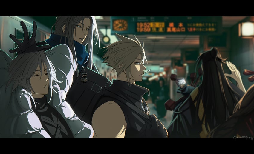 cloud strife, gojou satoru, sephiroth, and getou suguru (final fantasy and 4 more) drawn by almondtofu_boy