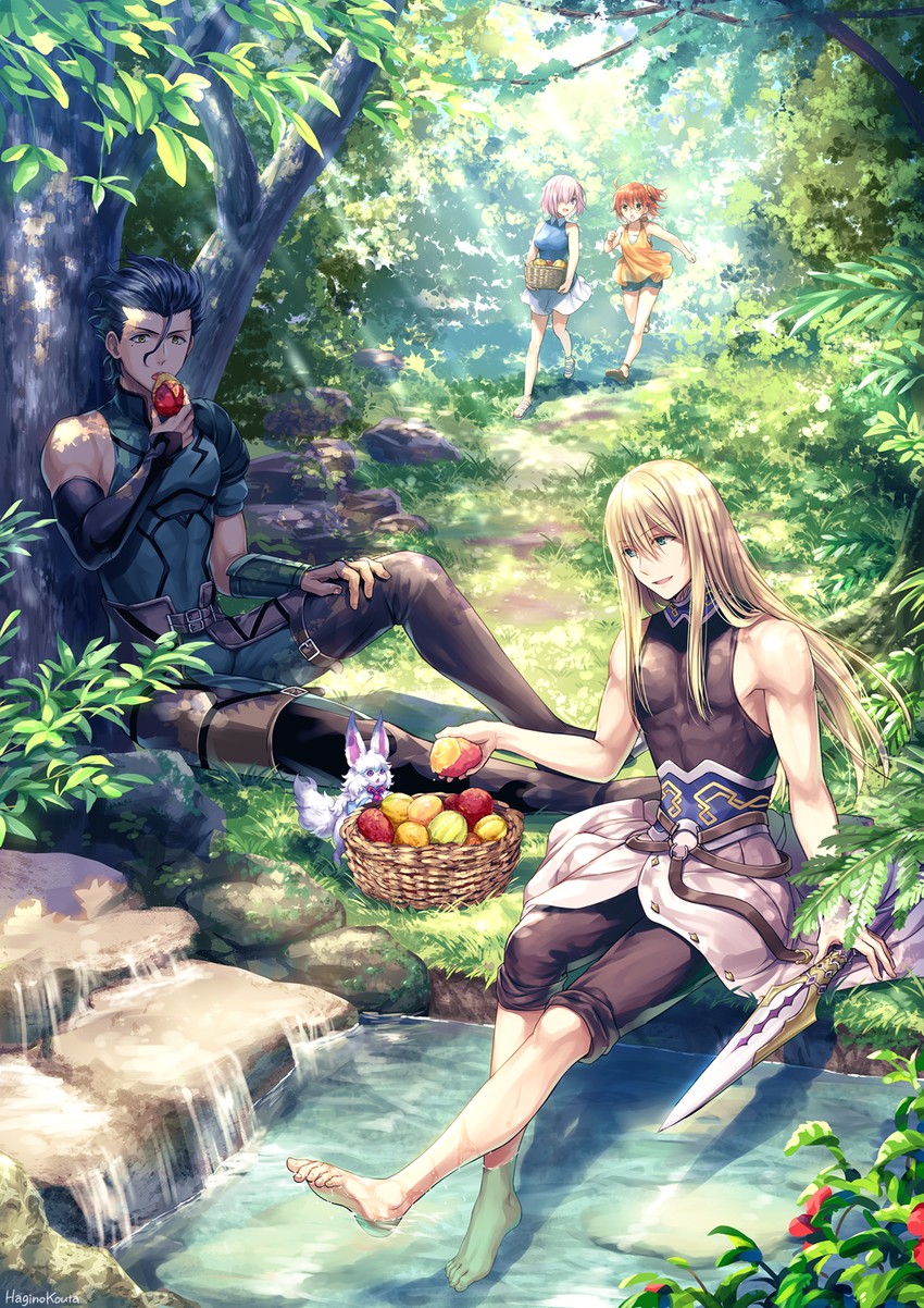 mash kyrielight, fujimaru ritsuka, diarmuid ua duibhne, fou, and fionn mac cumhaill (fate and 2 more) drawn by hagino_kouta