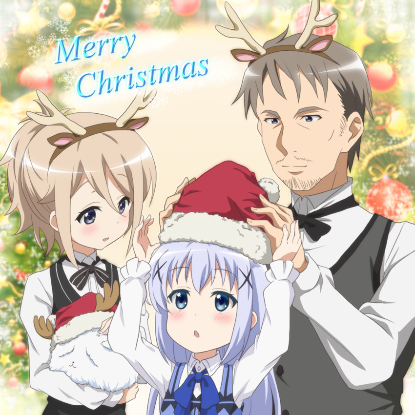 kafuu chino, tippy, aoyama blue mountain, and kafuu takahiro (gochuumon wa usagi desu ka?) drawn by red_star_(toranecomet)
