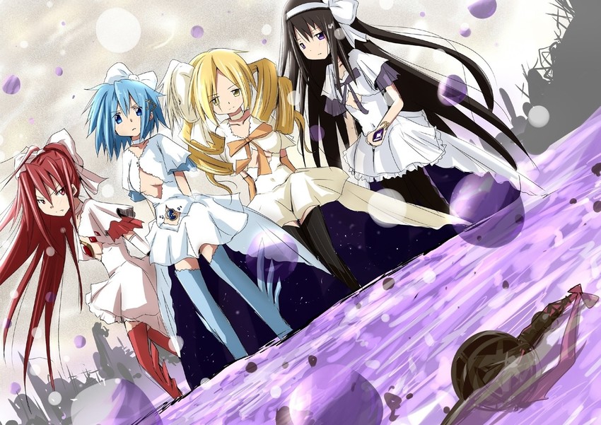 akemi homura, kaname madoka, miki sayaka, sakura kyoko, tomoe mami, and 1 more (mahou shoujo madoka magica) drawn by u_u_(mooooooou)
