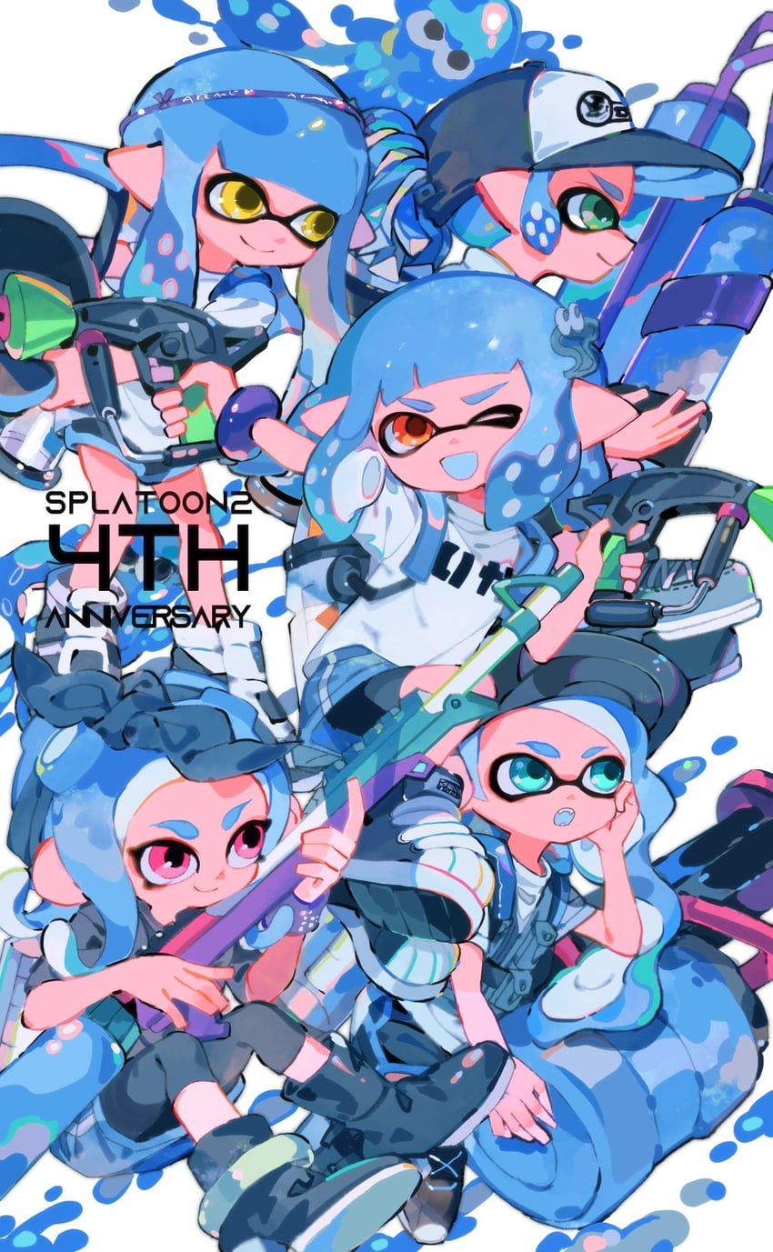 inkling player character, inkling girl, octoling player character, and octoling girl (splatoon and 1 more) drawn by yoshida_(ne)