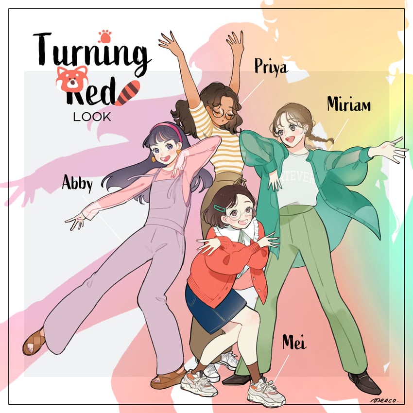 meilin lee, abby, priya, and miriam (turning red) drawn by meecosme