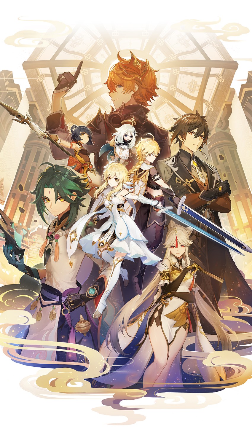 lumine, aether, zhongli, paimon, tartaglia, and 3 more (genshin impact)