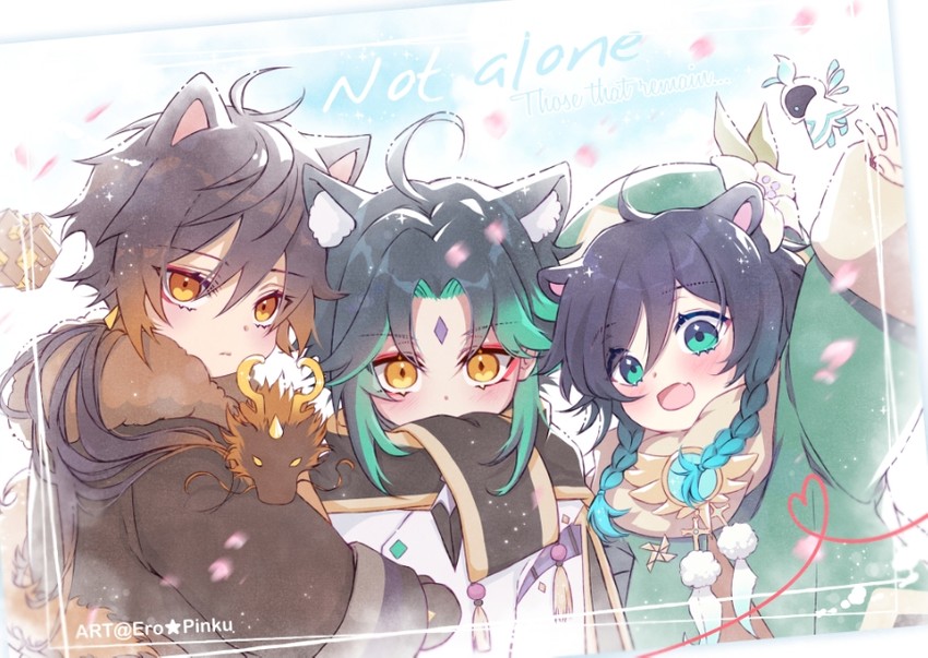 zhongli, venti, xiao, and rex lapis (genshin impact) drawn by ero_pinku