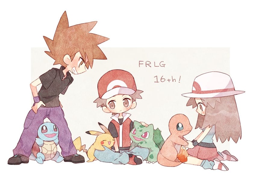 pikachu, red, blue oak, leaf, bulbasaur, and 2 more (pokemon and 1 more) drawn by mgomurainu
