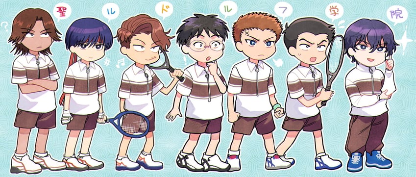 mizuki hajime, fuji yuuta, akazawa yoshirou, atsushi kisarazu, kaneda ichiro, and 2 more (tennis no ouji-sama) drawn by hiziki723