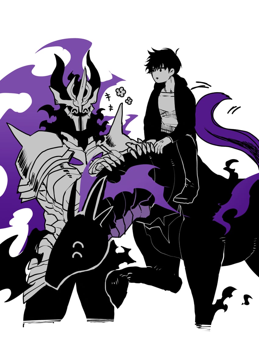 sung jin-woo, kaisel, and ashborn (solo leveling) drawn by hiyomon