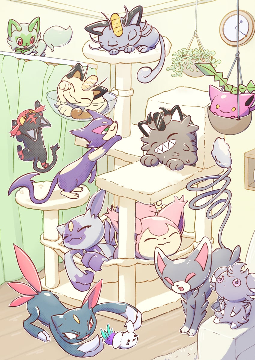 sprigatito, meowth, litten, hoppip, skitty, and 8 more (pokemon) drawn by murase_(muraselelait)