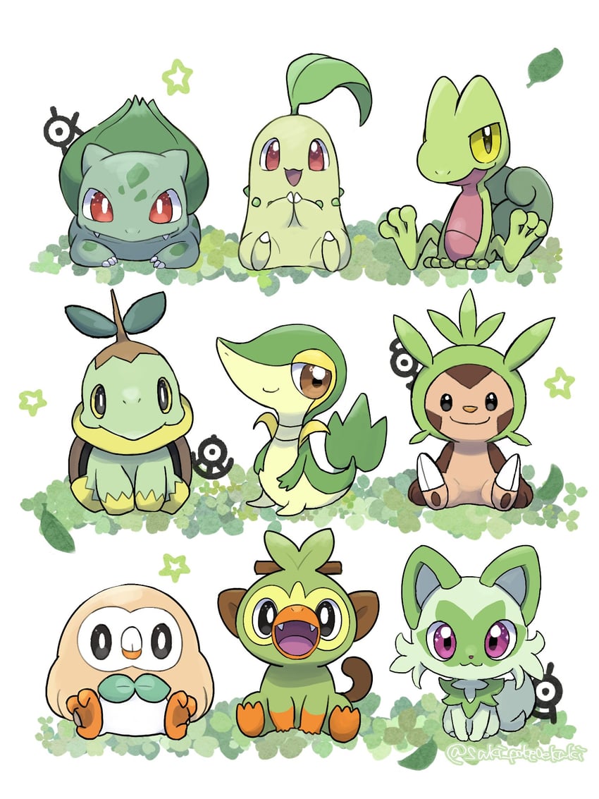 rowlet, bulbasaur, sprigatito, snivy, chikorita, and 9 more (pokemon) drawn by saki_pokeoekaki