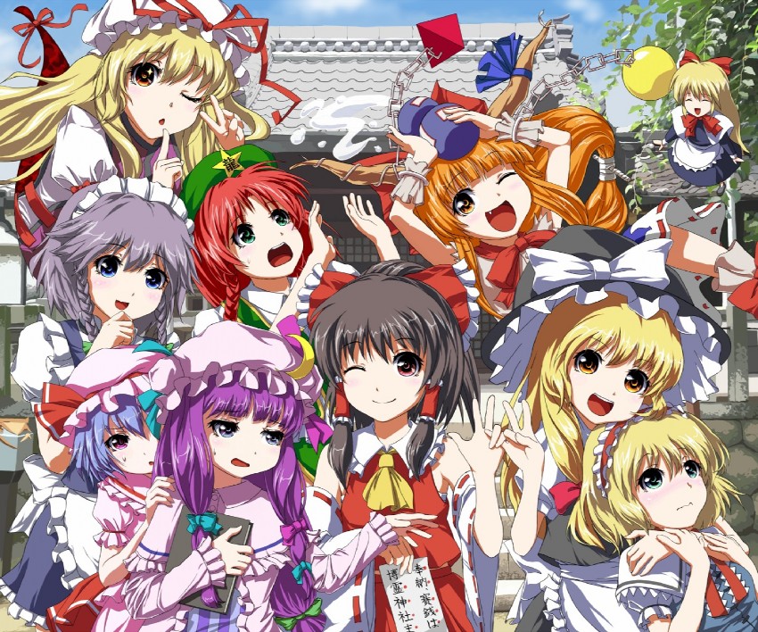 hakurei reimu, kirisame marisa, remilia scarlet, izayoi sakuya, alice margatroid, and 5 more (touhou and 1 more) drawn by fuji_hyorone