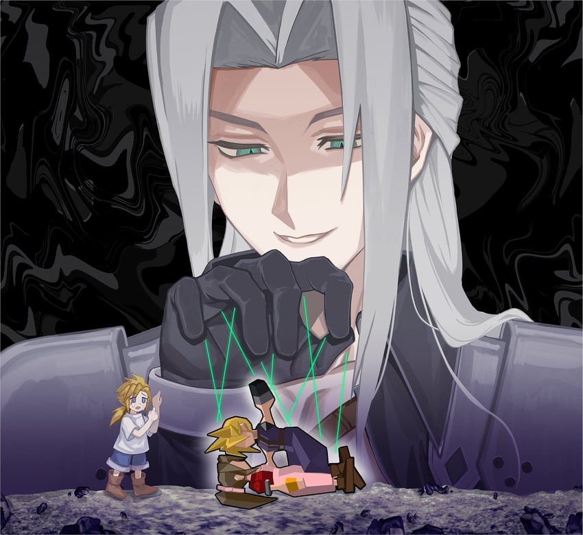 cloud strife, aerith gainsborough, and sephiroth (final fantasy and 1 more) drawn by keiseki1