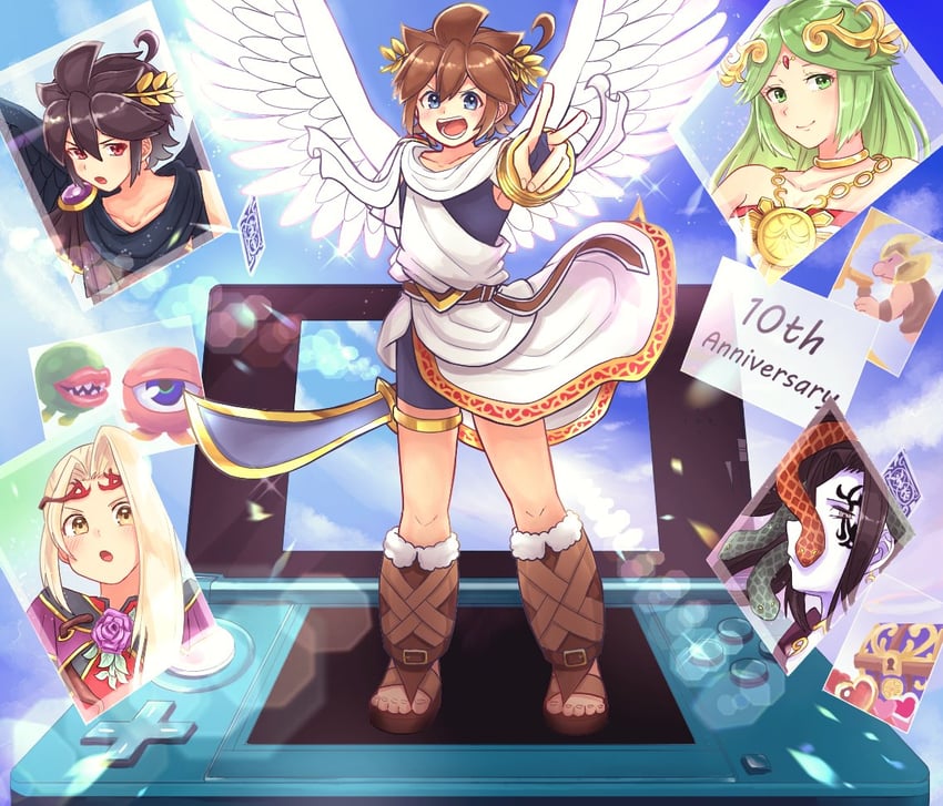 palutena, pit, dark pit, viridi, medusa, and 4 more (kid icarus and 1 more) drawn by waffuum