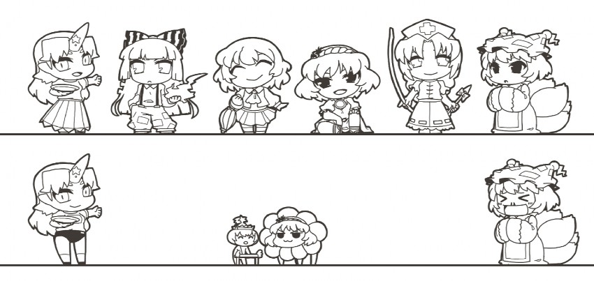 fujiwara no mokou, yakumo ran, kazami yuuka, yasaka kanako, yagokoro eirin, and 2 more (touhou) drawn by ume_(noraneko)