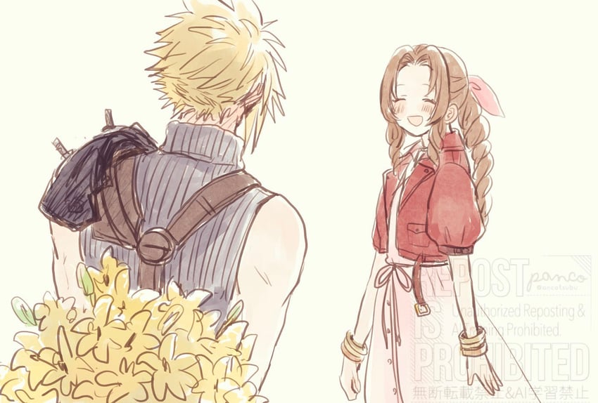 cloud strife and aerith gainsborough (final fantasy and 2 more) drawn by ancotsubu