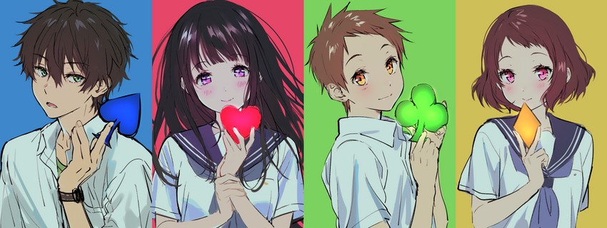 chitanda eru, oreki houtarou, ibara mayaka, and fukube satoshi (hyouka) drawn by mery_(yangmalgage)