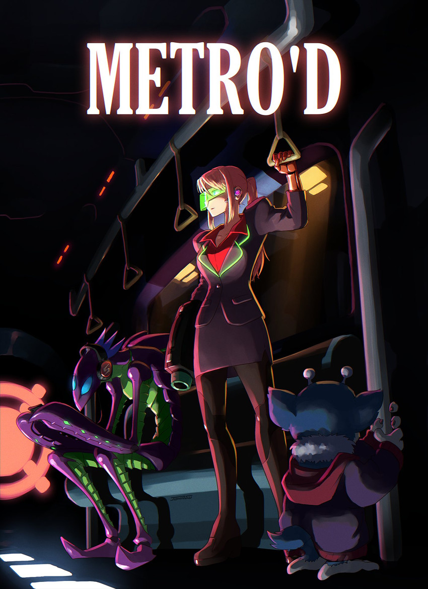 samus aran, space pirate, and etecoon (metroid and 2 more) drawn by john_su