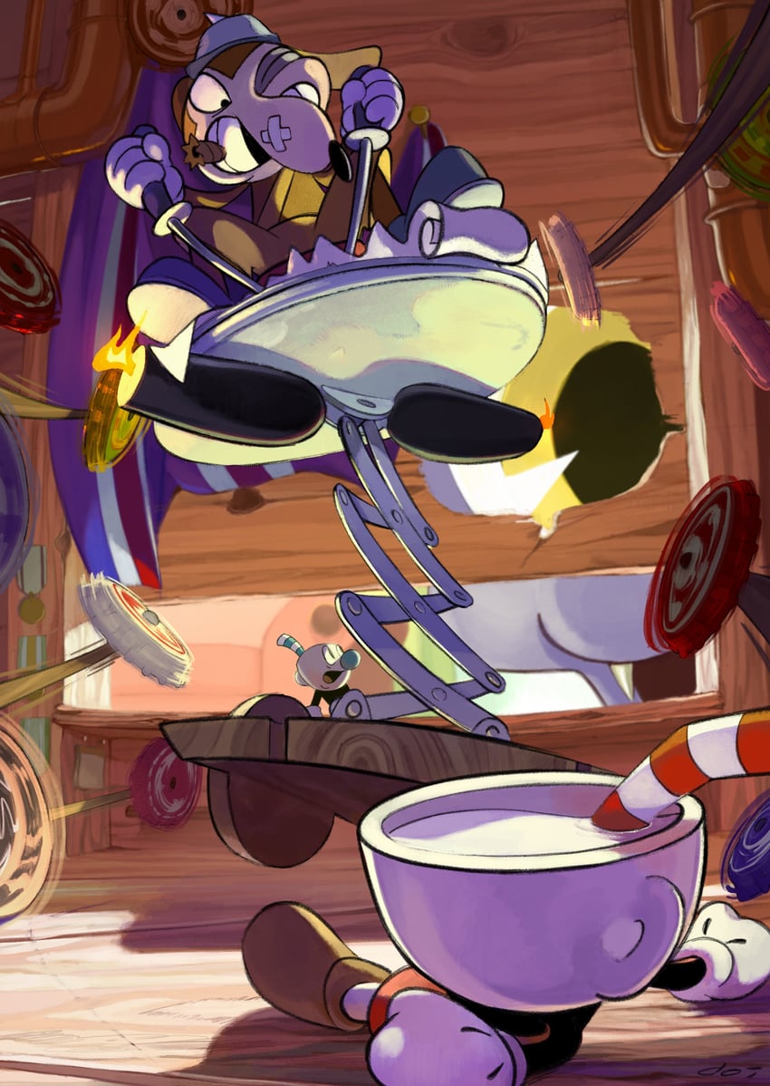 cuphead, mugman, and werner werman (cuphead) drawn by doi_m2000